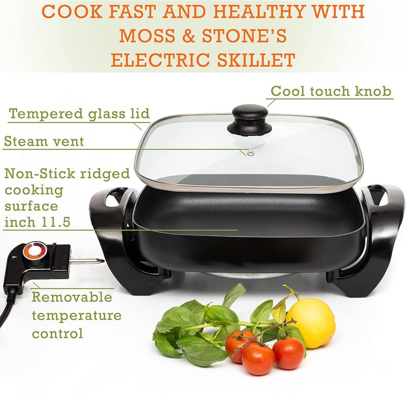 Moss & Stone Square Nonstick Electric Skillet With Lid, Aluminum 12x12 Inch Electric Frying Pan 5Qt, Nonstick Cooking Surface, Adjustable Temperature Control, Vented Glass Lid, Heat-Resistant Handle - Image 2